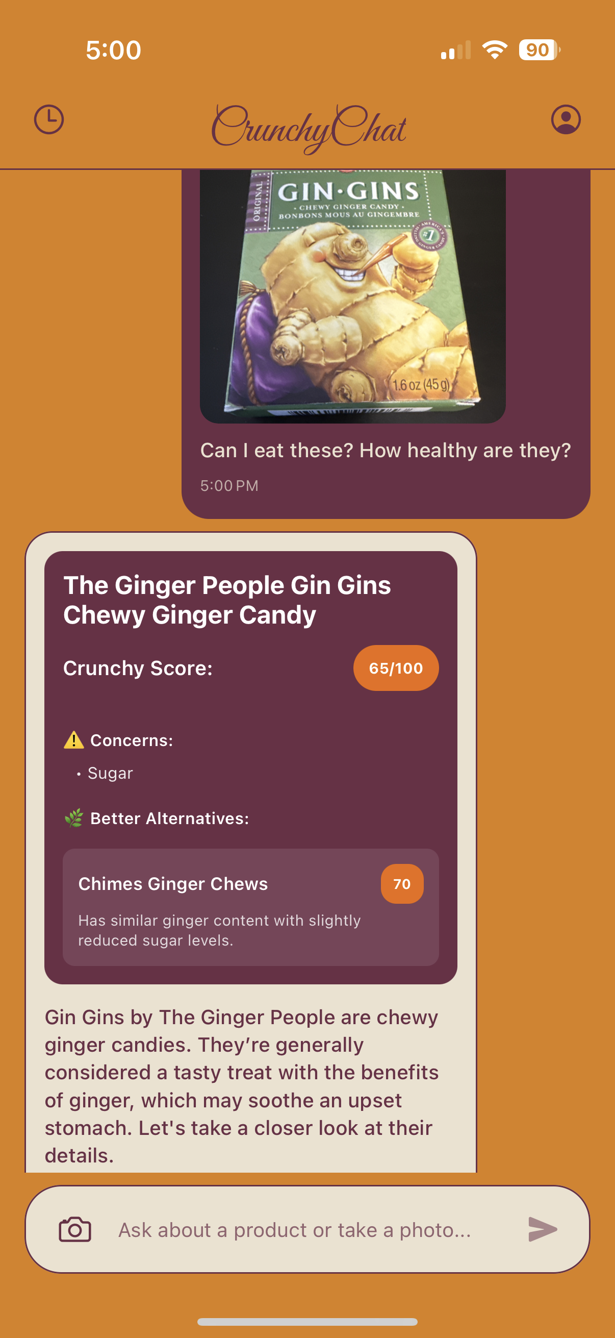 Crunchy Chat App Screenshot showing ginger candy analysis
